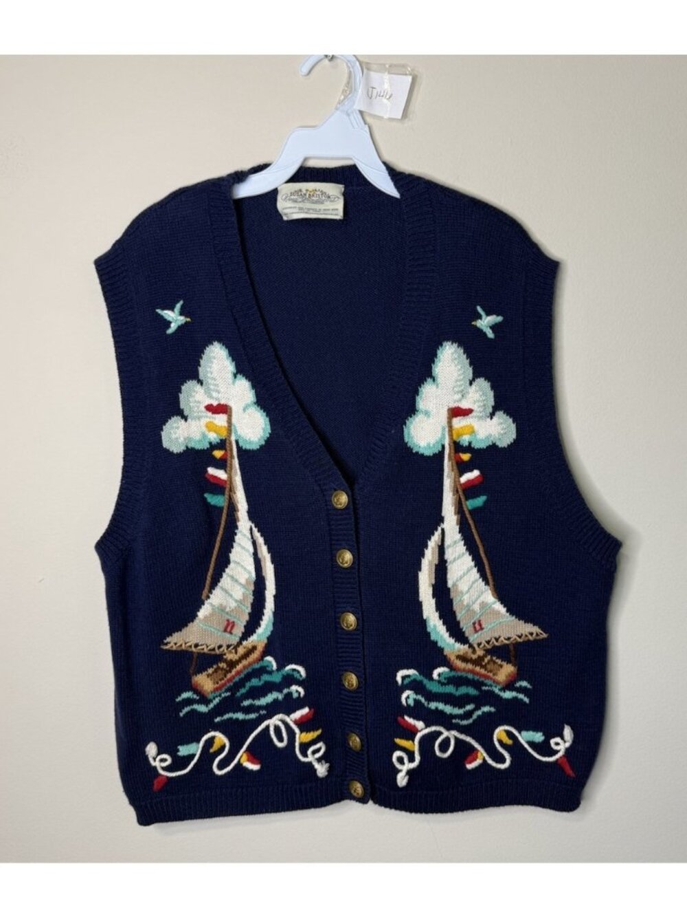 Vintage 90s Cardigan Sweater Vest Sail Boat Ocean Knit Whimsical